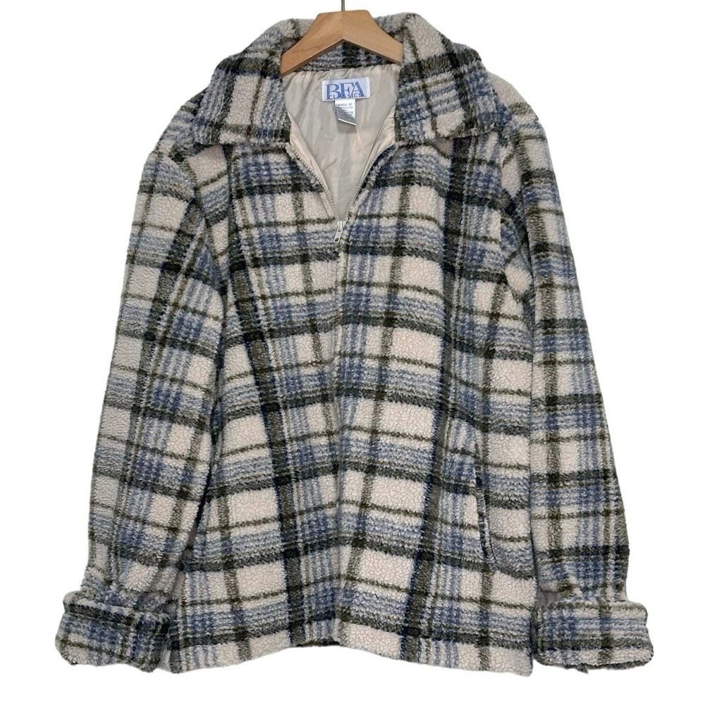 Y2K BFA Classics Sherpa Fleece Jacket 1X Blue Cream Plaid Zip Front Lined‎ VTG